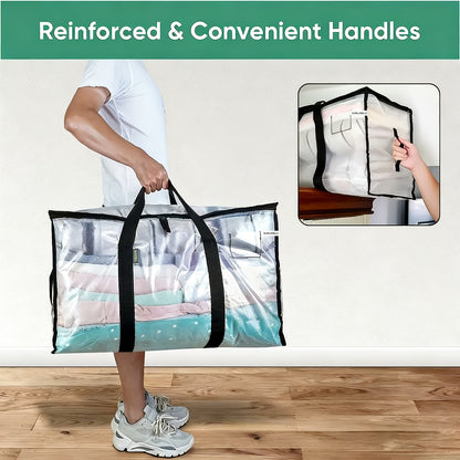 Heavy-Duty Moving Bags Set of 6 – Oversized Storage Totes with Reinforced Handles & Snap-Close Lid, Space Saver Bags for Clothes, Quilts & Moving Supplies, Transparent