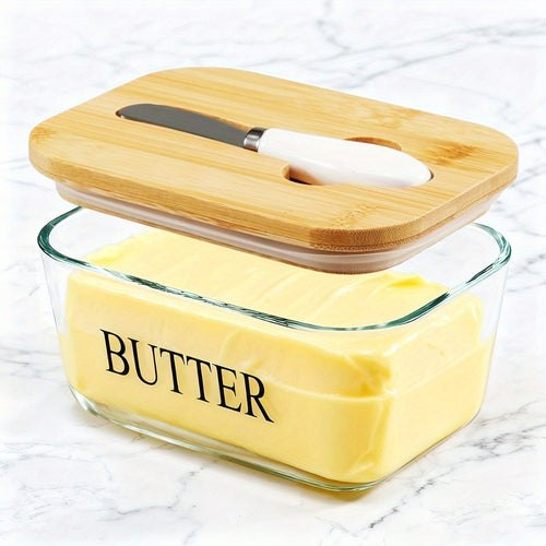 Glass Butter Dish with Lid and Knife – 1lb Large Airtight Butter Keeper Clear Glass Countertop Butter Container for Refrigerator Door Shelf Kitchen Decor & Gift