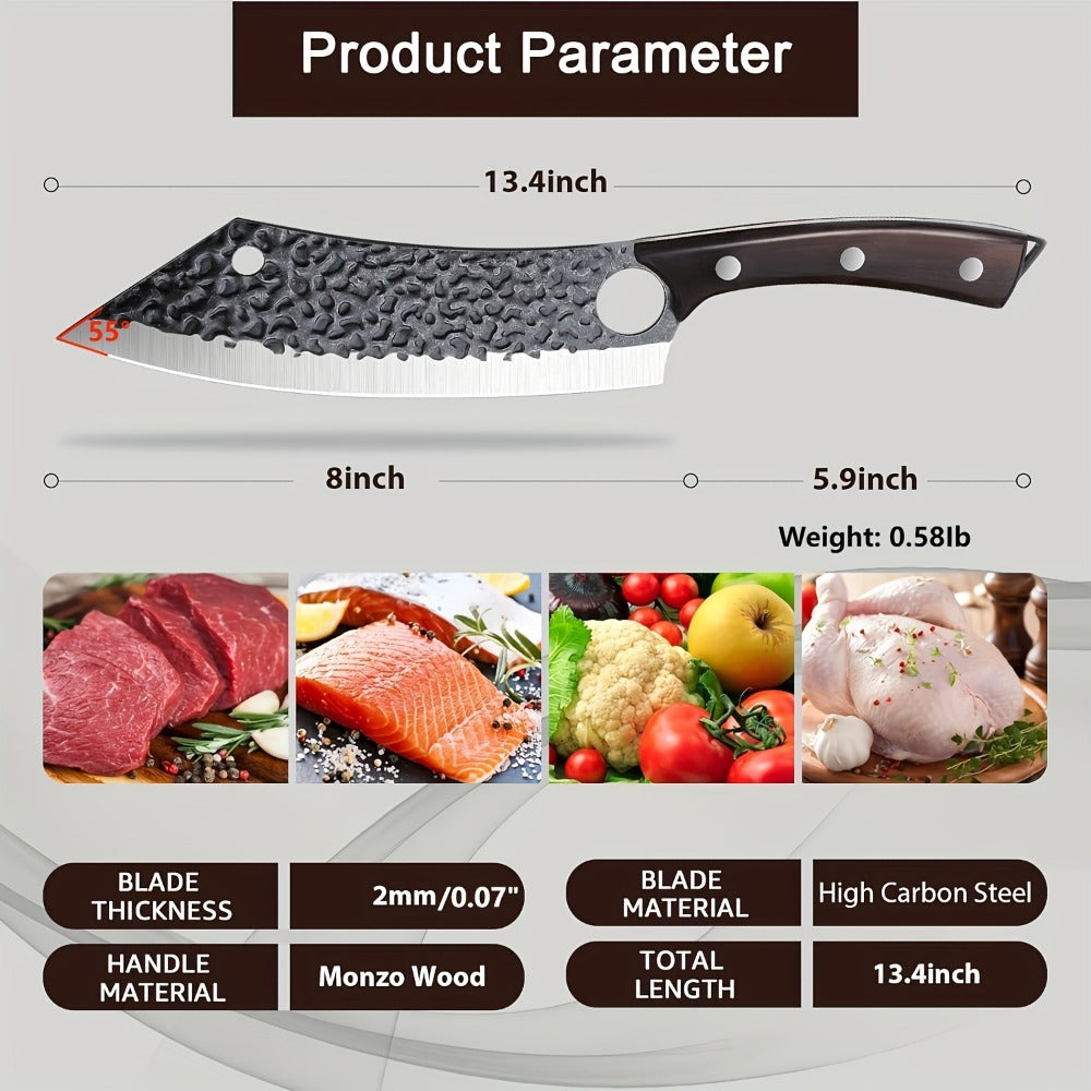 Butcher Knife 8 Inch Hand Forged High Carbon Steel Cleaver – Meat & Vegetable Chopping Knife with Finger Hole, Wooden Handle