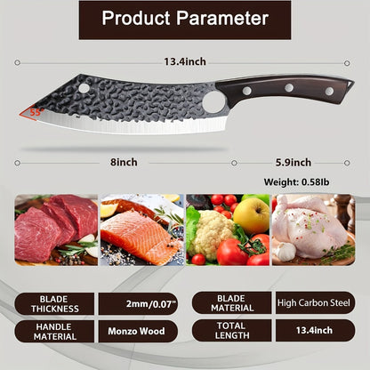 Butcher Knife 8 Inch Hand Forged High Carbon Steel Cleaver – Meat & Vegetable Chopping Knife with Finger Hole, Wooden Handle