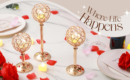 Crystal Candle Holders Set of 3 - Windproof Glass Taper Candle Holder for Wedding Table Centerpiece, Home Decor, Holiday Dinner, Birthday Gift