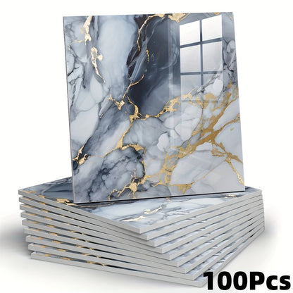 Peel and Stick Wall Tile Stickers Marble Pattern Self-Adhesive Waterproof Glossy Wallpaper 50/100Pcs for Kitchen Bathroom Living Room Home Decor