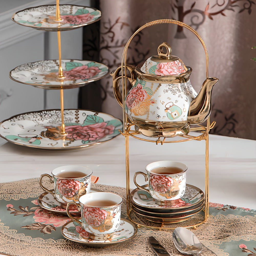 20-Piece Floral Ceramic Tea Set with Saucers & Metal Stand | European Afternoon Tea Service, Blooming Design, Complete Tea Accessories, Gift for Tea Lovers