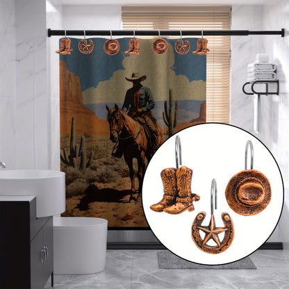 Shower Curtain Hooks Western Cowboy Farmhouse Style - 12 Pack Vintage Metal Resin Bathroom Accessories with Horse Boots Hats Star Patterns