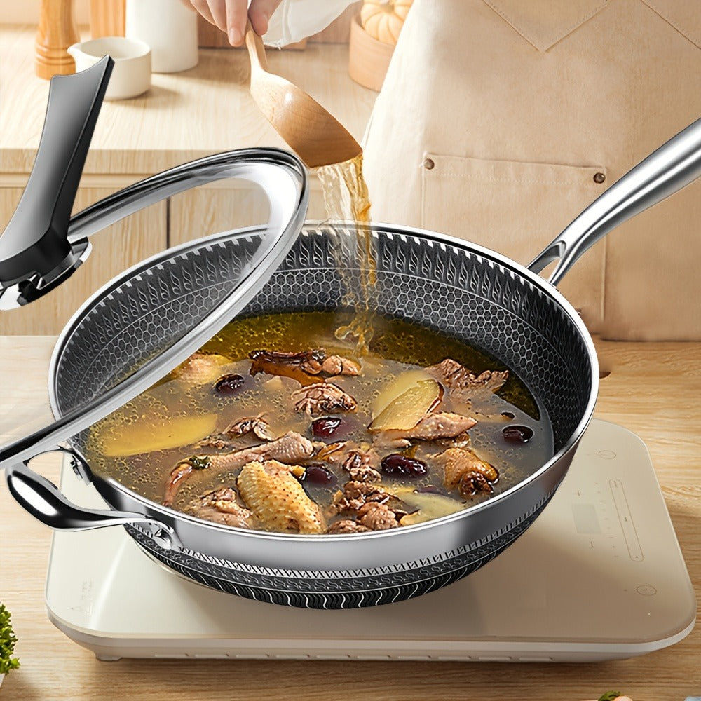 Stainless Steel Wok Set 13.3 Inch Non-stick Honeycomb Design with Lid & 2 Cookware Accessories – Induction Compatible Cooking Pan for Electric Ceramic Gas Stove, Dishwasher Safe