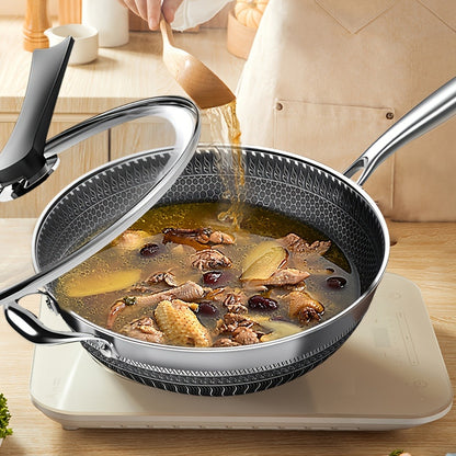 Stainless Steel Wok Set 13.3 Inch Non-stick Honeycomb Design with Lid & 2 Cookware Accessories – Induction Compatible Cooking Pan for Electric Ceramic Gas Stove, Dishwasher Safe