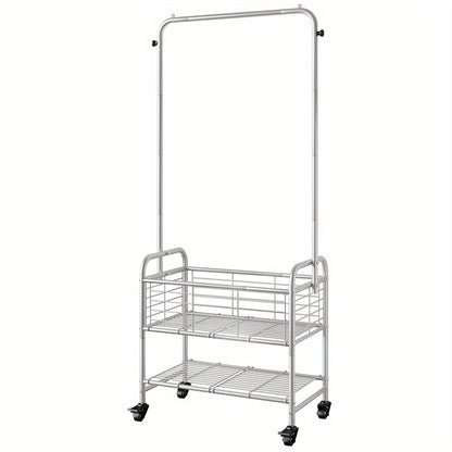 Rolling Laundry Basket with Wheels and Hanging Rack, Laundry Sorter Cart with Shelf and Locking Casters, Heavy Duty Steel Frame, Multifunctional Clothes Hamper for Laundry Room Bedroom Bathroom, White Black Silver