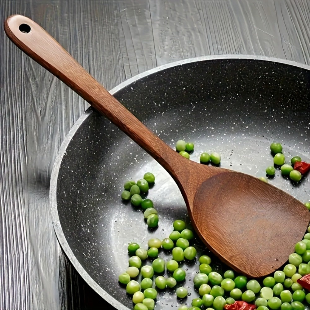 Wooden Kitchen Utensils Set – Natural Wood Spoon Spatula & Wok Spatula with Ergonomic Handle, Heat-Resistant Non-Stick Safe Cooking Tools, Easy to Clean Durable Kitchen Essentials (5 / 6 / 10 Piece Sets)