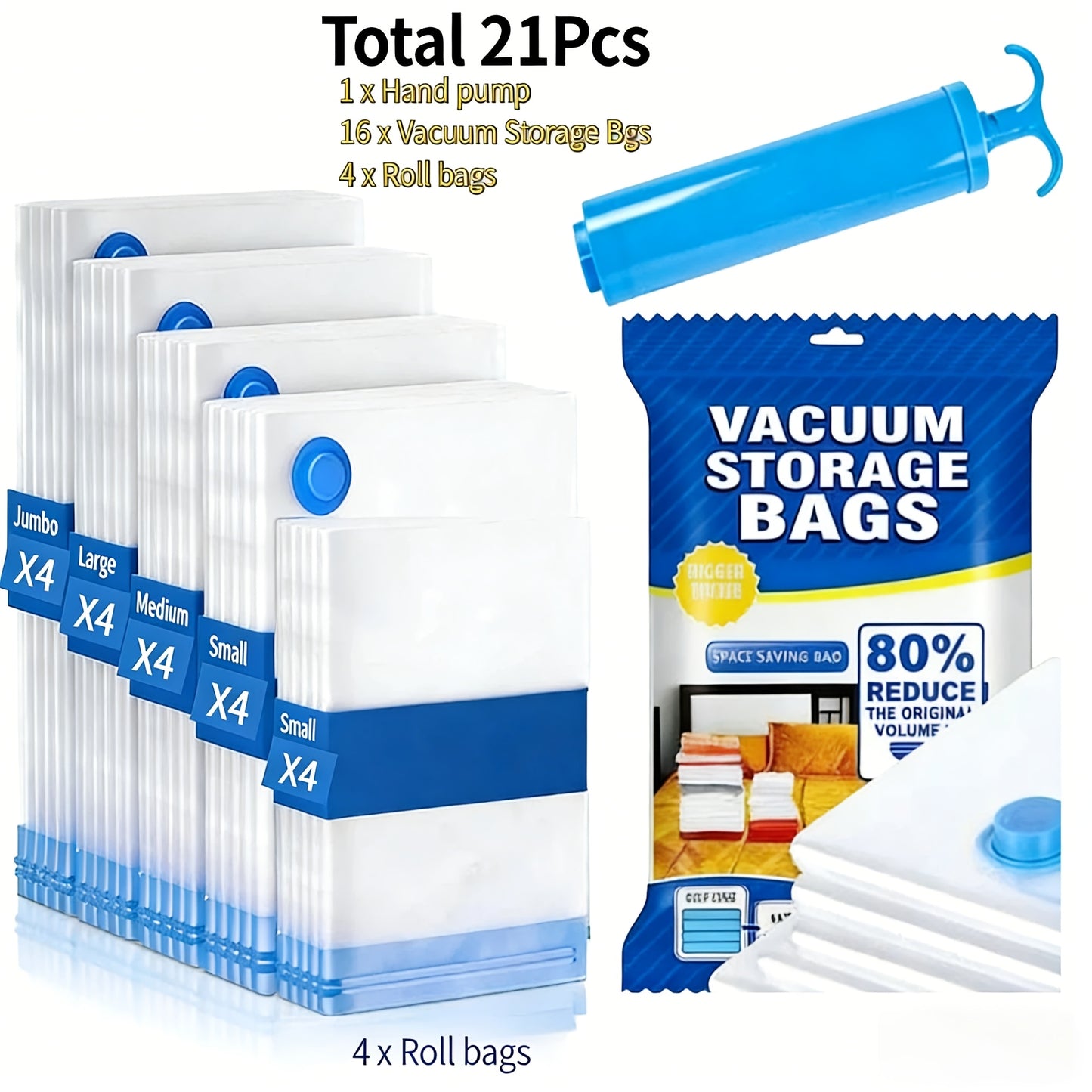 Vacuum Storage Bags with Air Pump, 20-21 Pack Reusable Compression Bags for Clothes, Quilts & Blankets — 4 Sizes Space-Saving Storage for Travel, Moving & Organizing | Transparent