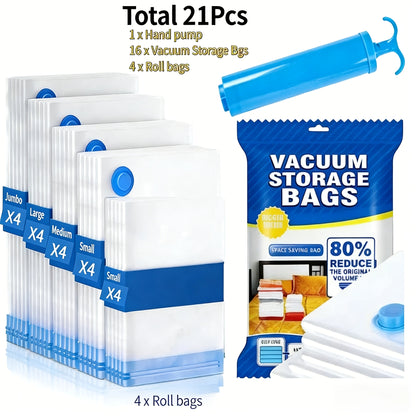 Vacuum Storage Bags with Air Pump, 20-21 Pack Reusable Compression Bags for Clothes, Quilts & Blankets — 4 Sizes Space-Saving Storage for Travel, Moving & Organizing | Transparent