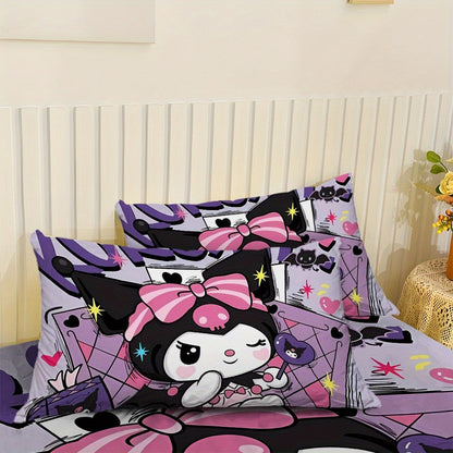 Sanrio Hello Kitty & Kuromi Bedding Set 3pcs – Fitted Sheet & Pillowcases, Soft Polyester, Machine Washable, Twin Full Queen King, All-Season Bedroom Decor for Kids Girls Home Guest Room
