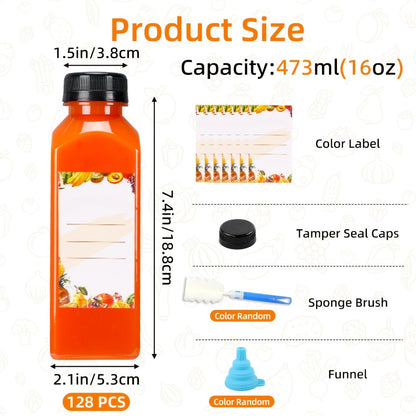 Plastic Juice Bottles with Caps 128pcs Bulk - Clear Reusable Beverage Bottles with Lids for Juice Smoothies Party Gatherings Outdoor Events Includes Funnel & Brush