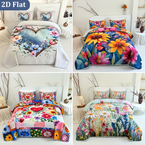 Comforter Set 2 3 Piece Colorful Floral Print Quilt with Pillowcases, Soft Breathable Hypoallergenic Machine Washable Quilted Bed Cover for Twin Full Queen King, Boho Flower Bedding Room Decor