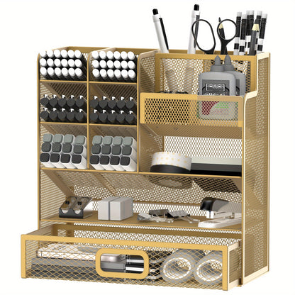 Mesh Desk Organizer with Drawer – Multifunctional Desktop Pen Holder & Office Supply Organizer for Home Office, School & Art Studio – Pencil Cup Caddy with Storage Compartments, Multiple Colors Available