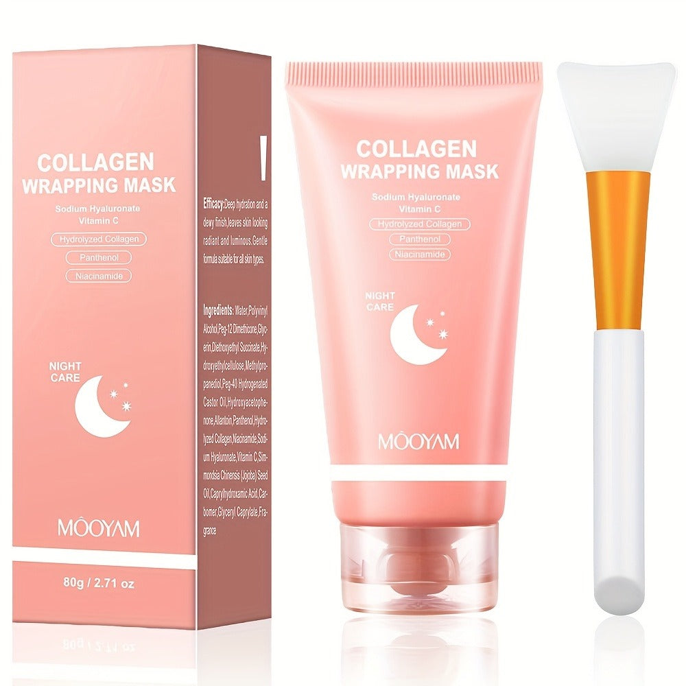 Collagen Night Mask Korean Skincare – Gel Face Mask with Applicator Brush, Hydrolyzed Collagen, Niacinamide, Vitamin C & Hyaluronate for Hydration & Plumping, Paraben-Free, 80g (MOOYAM)
