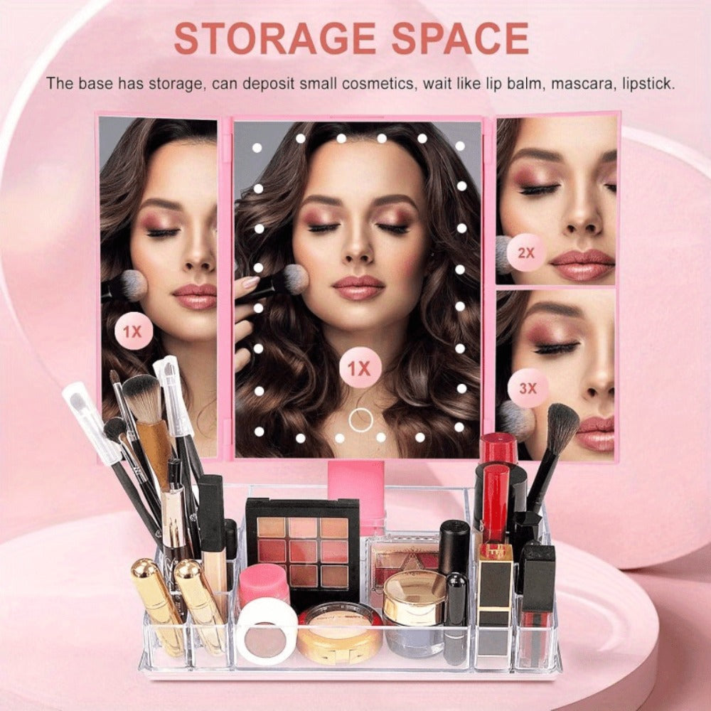 Lighted Makeup Mirror with Storage – Tri-Fold Vanity Mirror 24 LED Lights, Touch Screen, 3X/2X/1X Magnification, 180° Rotation, Dual Power Supply, White & Rose Gold
