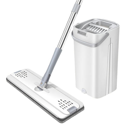 Flat Mop with Bucket Set, Hands-Free Wringing Floor Mop, 6 Replacement Microfiber Cloths, Wet & Dry Dual-Use, Durable Plastic Frame, for Hardwood Tile Laminate Bedroom Kitchen Living Room Bathroom