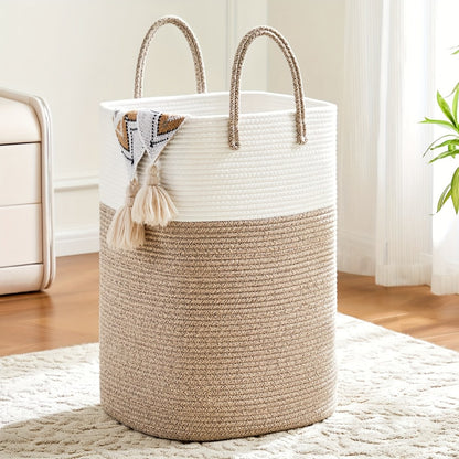 Woven Cotton Rope Laundry Basket Large Hamper with Handles for Bathroom Bedroom Living Room – Jumbo Boho Storage Basket for Clothes Blankets Toys | 40L 60L 80L 100L