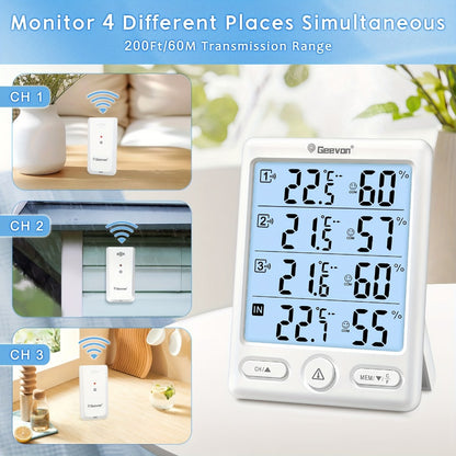 Indoor Outdoor Thermometer Wireless with 3 Remote Sensors - Digital Hygrometer Temperature Humidity Monitor, 200FT Range, Large Display, Backlight, Low Battery Alarm, High Accuracy, Black or White