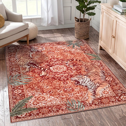 Tiger Print Rug Washable Non-Slip Area Rug - Jungle Forest Design Ultra-Thin Indoor Carpet for Living Room Bedroom Home Office, Red Green Beige, 5x7 6x9 8x10 9x12ft