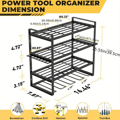 Power Drill Holder Wall Mount – Heavy Duty Tool Storage Rack with 3/4 Layer Floating Shelf | Cordless Drill Organizer | 4/6/8 Drill Holders Workshop Tool Rack for Garage & Workshop Organization