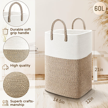 Woven Cotton Rope Laundry Basket Large Hamper with Handles for Bathroom Bedroom Living Room – Jumbo Boho Storage Basket for Clothes Blankets Toys | 40L 60L 80L 100L