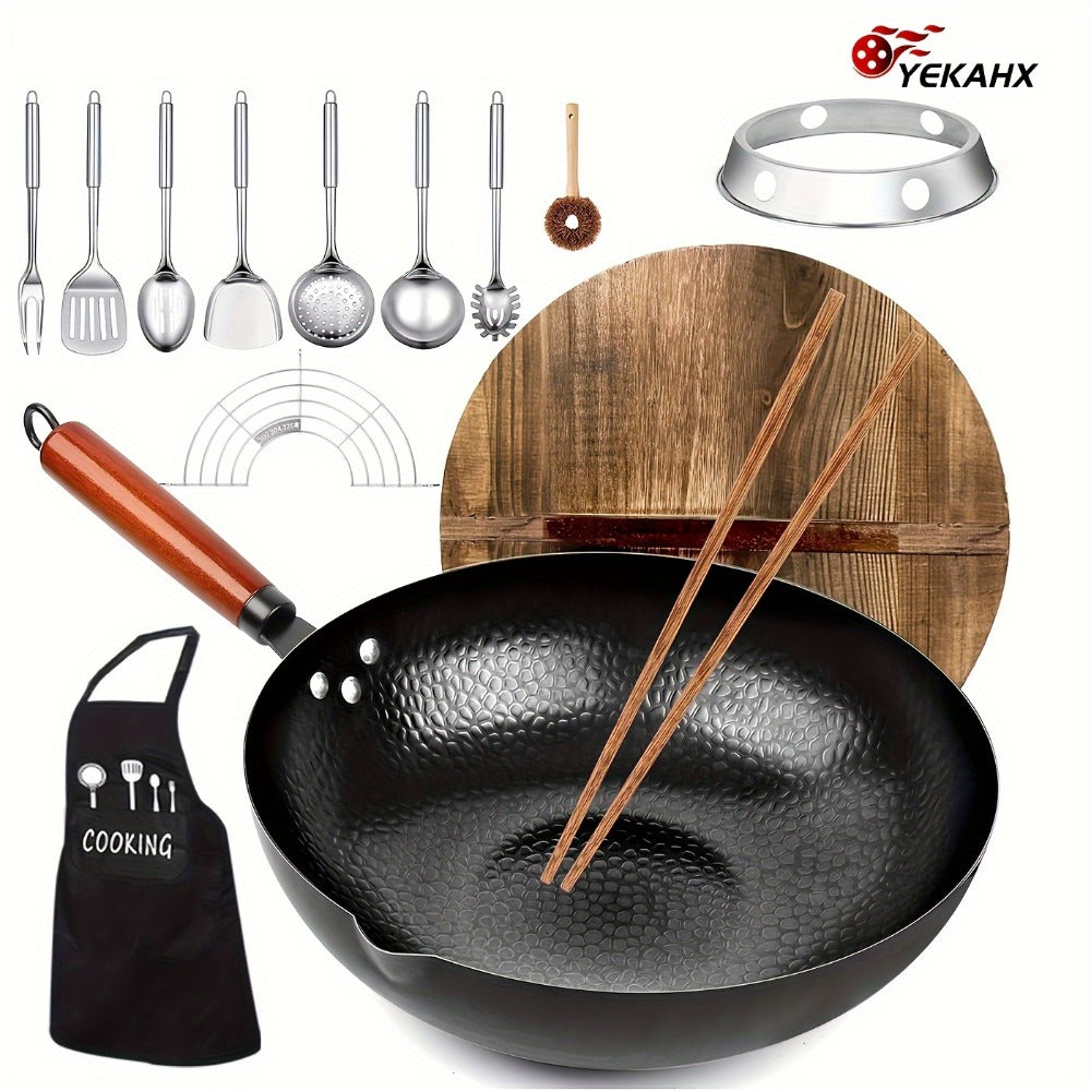 Carbon Steel Wok Set with Lid & Accessories – 14-Piece Non-Stick Stir Fry Pan 12.6" for Gas Electric Induction All Stoves | Wok Pan with Spatula Brush Ring Utensils Kitchen Cooking Set