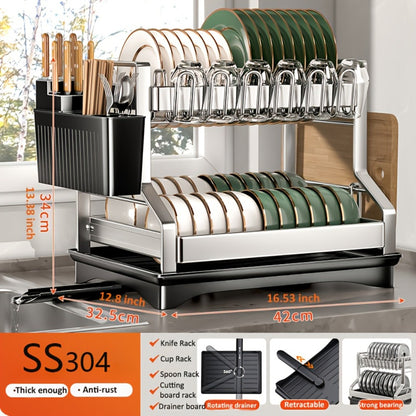 Stainless Steel 2-Tier Dish Rack with Auto Drainage | Rust-Resistant Kitchen Drying Rack for Dishes, Bowls, Cups & Utensils