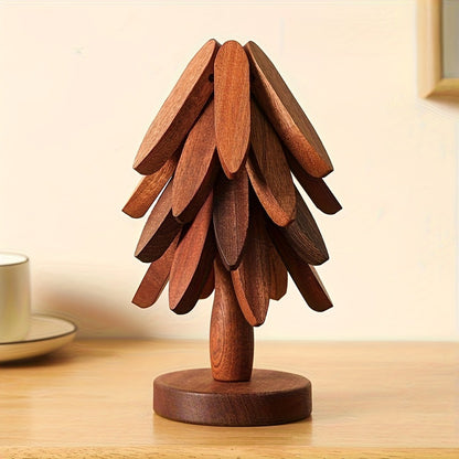 Solid Wood Trivet Mat Set 6pcs with Storage Rack – Heat-Resistant Tree-Shaped Coasters, Natural Foldable Wooden Kitchen Trivets for Hot Dishes, Pots, Bowls & Teapots