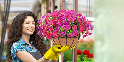 Artificial Hanging Flowers Outdoor UV-Resistant Fake Petunias with Planter Basket – Realistic Faux Hanging Plants for Garden Patio Porch Balcony Railing Decor