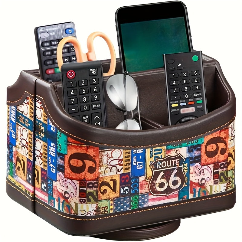 360° Swivel Remote Control Holder with 5 Compartments – PU Leather Desktop Organizer Caddy for TV Remotes, Phones, Glasses, Cosmetics & Stationery, Rotating Storage Box for Home Office Nightstand