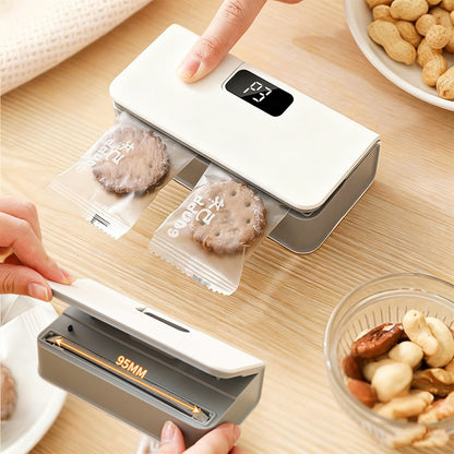 Portable Mini Bag Sealer USB Rechargeable – Handheld Food Sealer with Built-In Cutter for Fruits, Vegetables, Snacks & Chips – Compact Kitchen & Outdoor Picnic Sealing Tool, White & Blue