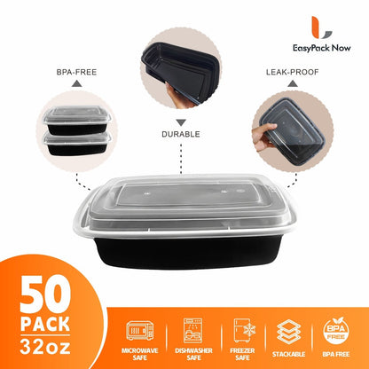 Meal Prep Containers with Lids 50 Pack BPA Free – 32oz & 38oz Stackable Disposable Plastic Food Storage Containers, Microwave Dishwasher Freezer Safe | Restaurant, Catering, Home Kitchen & Lunch Boxes