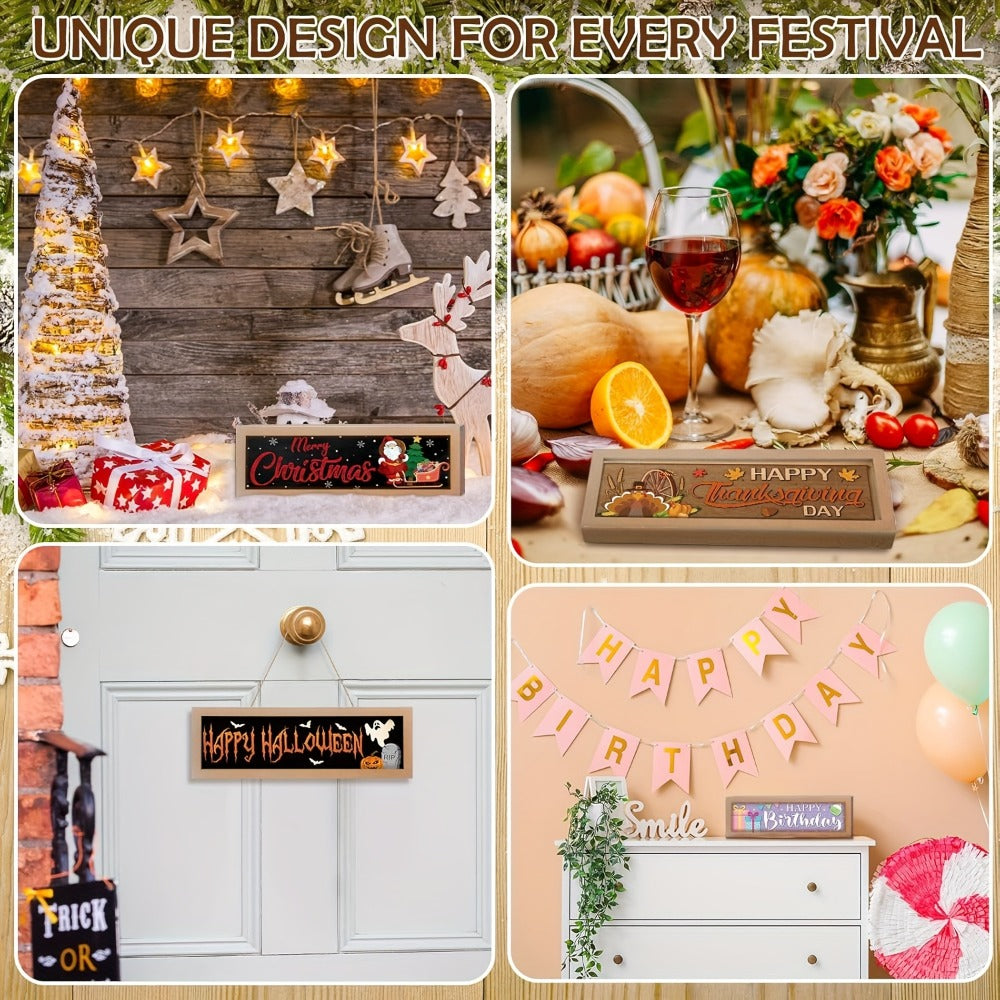 Interchangeable Seasonal Wood Welcome Sign 25-Piece Set – Wooden Frame Table Decor with Swappable Holiday Signs for Fall, Thanksgiving, Halloween & Autumn Wreath Decoration