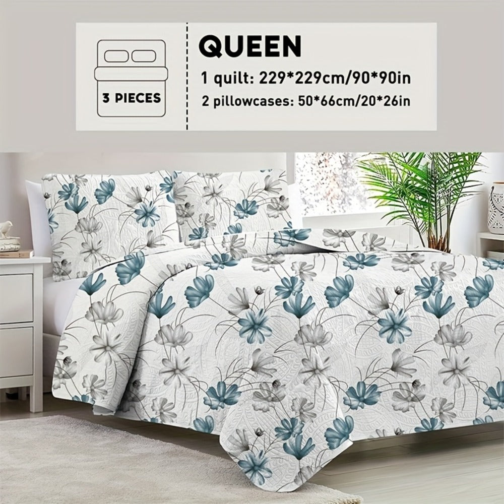 Reversible Floral Comforter Quilt Set – Soft Microfiber Botanical Bedding, Twin Full Queen King, All Seasons – White, Blue, Pink & More