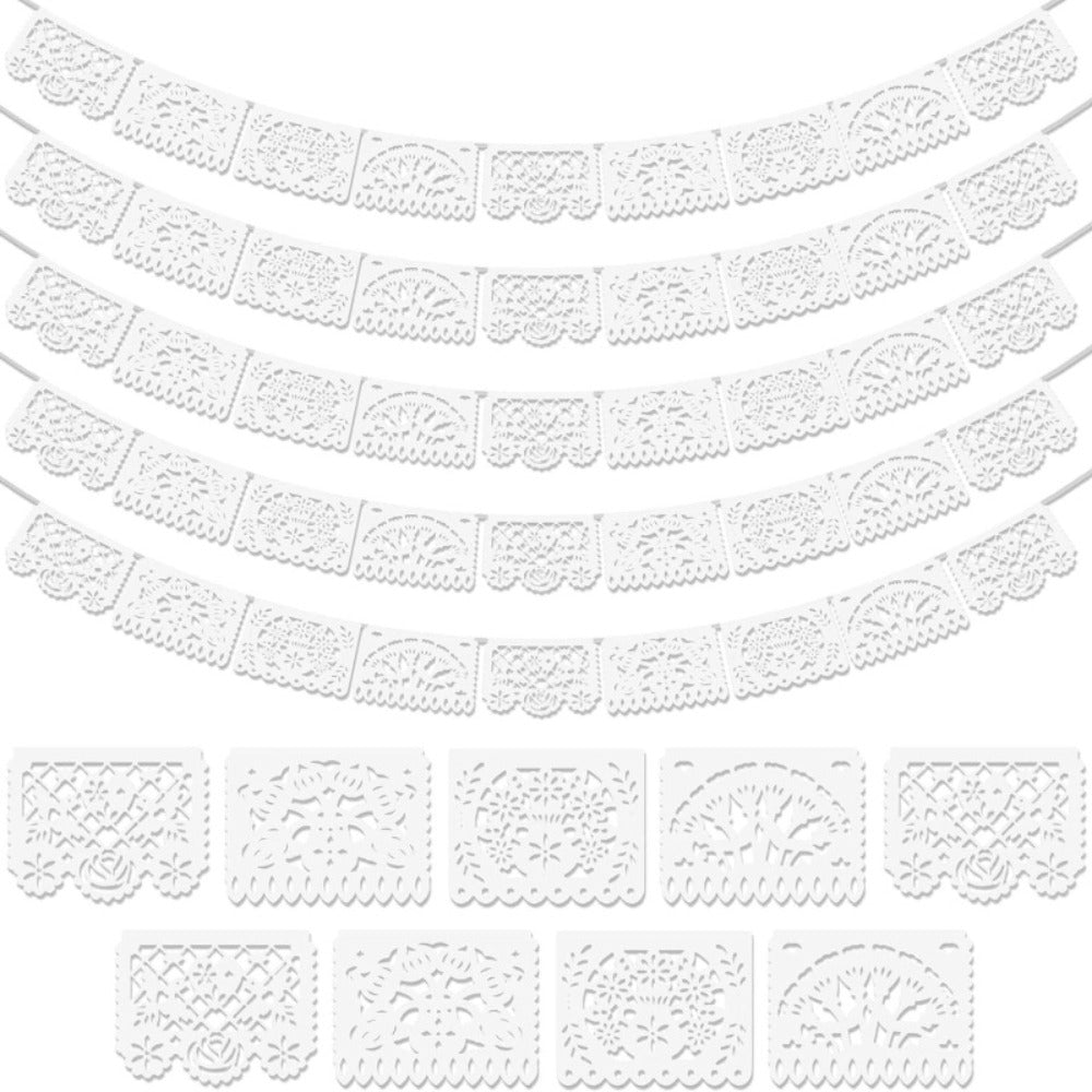 Papel Picado Banners 5 Pack White – Mexican Fiesta Party Decorations, Day of the Dead Decor, Cinco de Mayo Banner, Wedding Fiesta Supplies, 4 Designs 90 Feet Plastic Flags