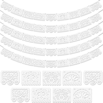 Papel Picado Banners 5 Pack White – Mexican Fiesta Party Decorations, Day of the Dead Decor, Cinco de Mayo Banner, Wedding Fiesta Supplies, 4 Designs 90 Feet Plastic Flags