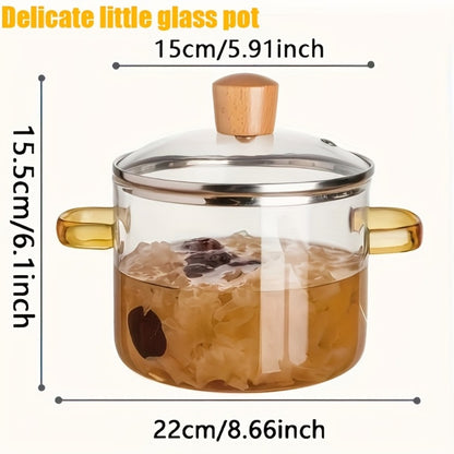 Borosilicate Glass Pot with Lid 50oz Stovetop & Microwave Safe – Double Heat-Resistant Handles for Soup, Milk & Porridge | Transparent Glass Saucepan Kitchen Cooker with Yellow or Green Handle