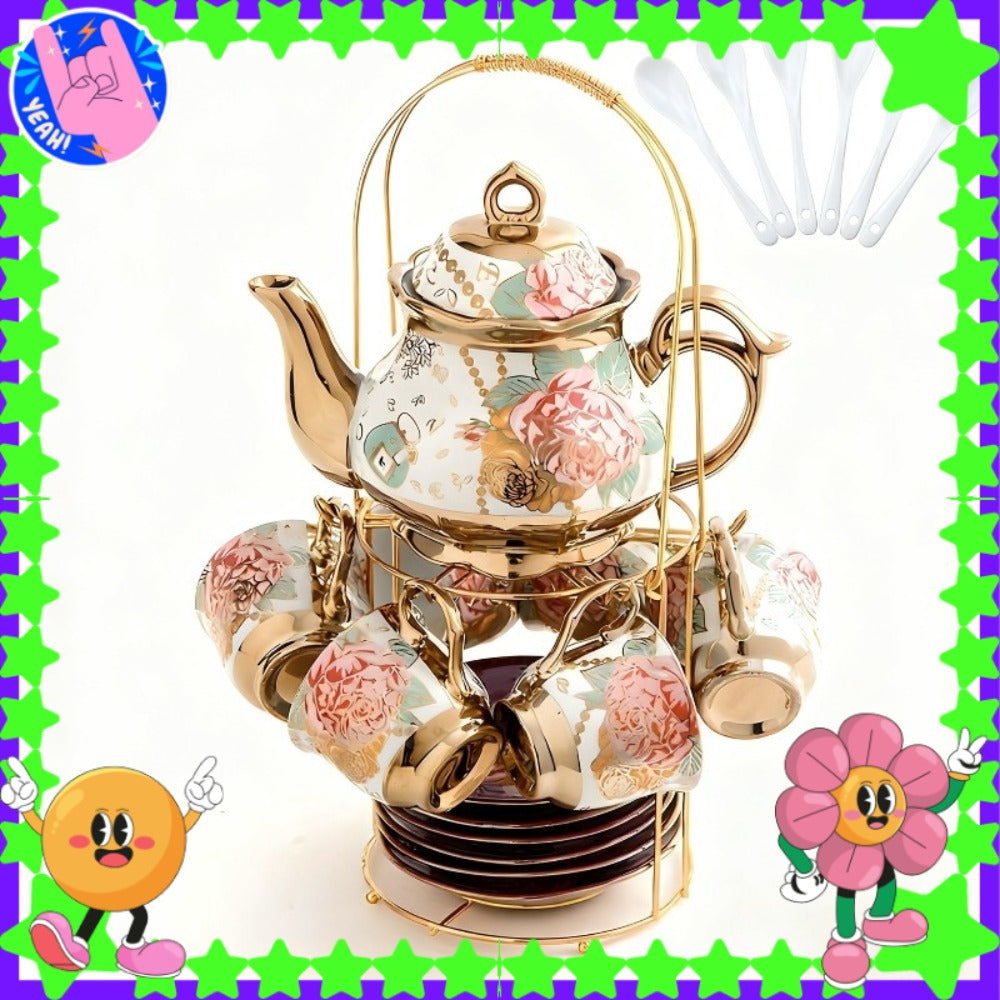 20-Piece Floral Ceramic Tea Set with Saucers & Metal Stand | European Afternoon Tea Service, Blooming Design, Complete Tea Accessories, Gift for Tea Lovers