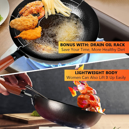 Carbon Steel Wok Set with Lid & Accessories – 14-Piece Non-Stick Stir Fry Pan 12.6" for Gas Electric Induction All Stoves | Wok Pan with Spatula Brush Ring Utensils Kitchen Cooking Set