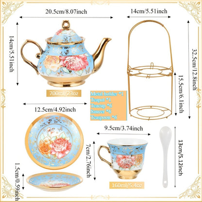 European Floral Ceramic Tea Set 20 Pcs – Italian Style Afternoon Tea Set with Metal Stand – Blooming Pattern Teapot & Cups – Elegant Gift for Tea Lovers & Special Occasions – Golden