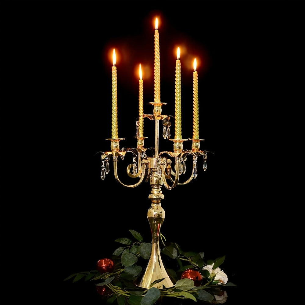 Metal Candelabra Centerpiece 2 Pack – 5-Arm Golden Taper Candle Holder Stand 20.3" Tall for Wedding Table Decor, Party, Church, Dining Room, Christmas & Halloween Vintage Event Decoration