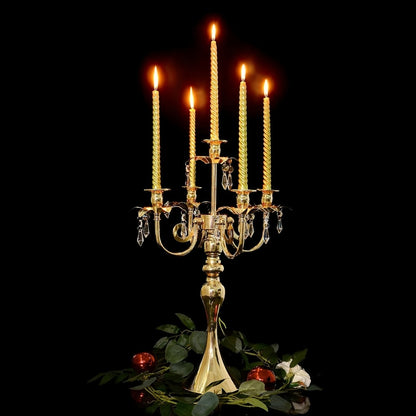 Metal Candelabra Centerpiece 2 Pack – 5-Arm Golden Taper Candle Holder Stand 20.3" Tall for Wedding Table Decor, Party, Church, Dining Room, Christmas & Halloween Vintage Event Decoration
