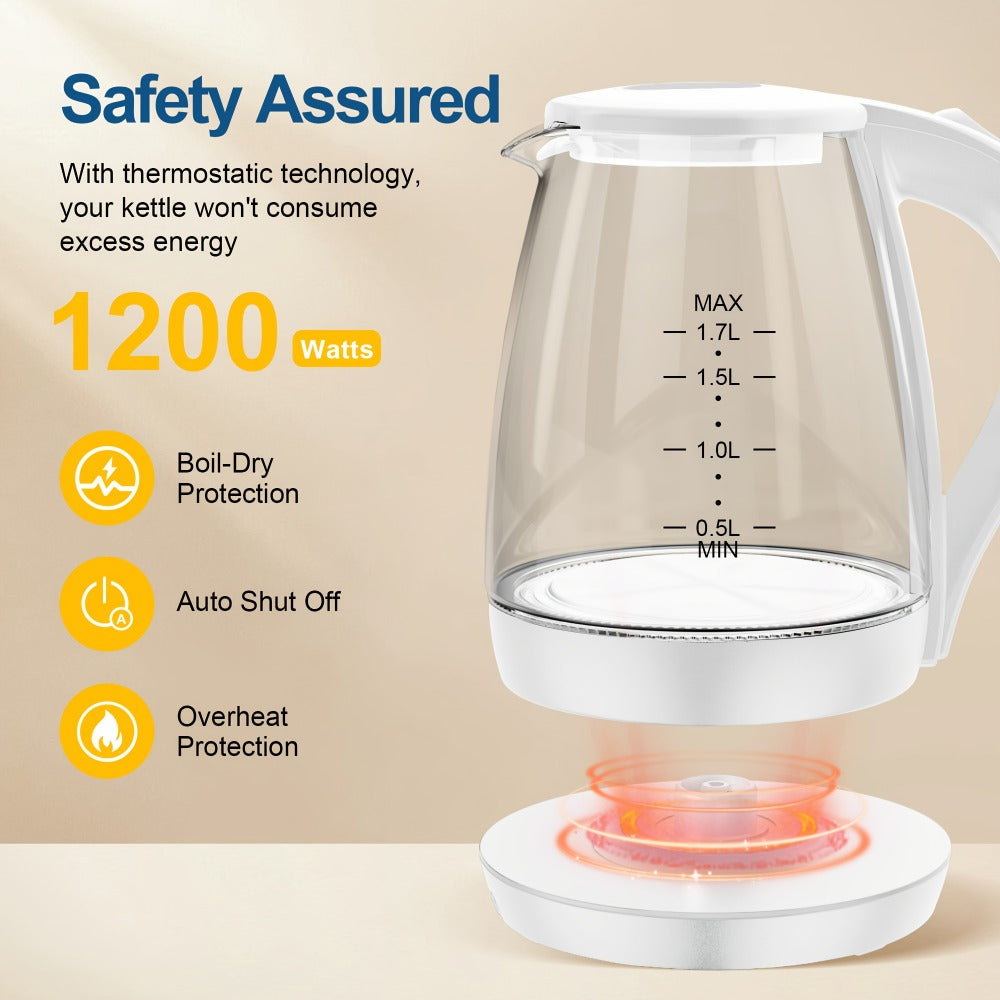 Glass Electric Kettle 1200W Borosilicate with Blue LED Glow - 57.48oz 1.7L Fast Boil BPA-Free Auto Shut-Off Boil-Dry Protection, Transparent Electric Tea Kettle for Home Office RV Camping Kitchen Gift