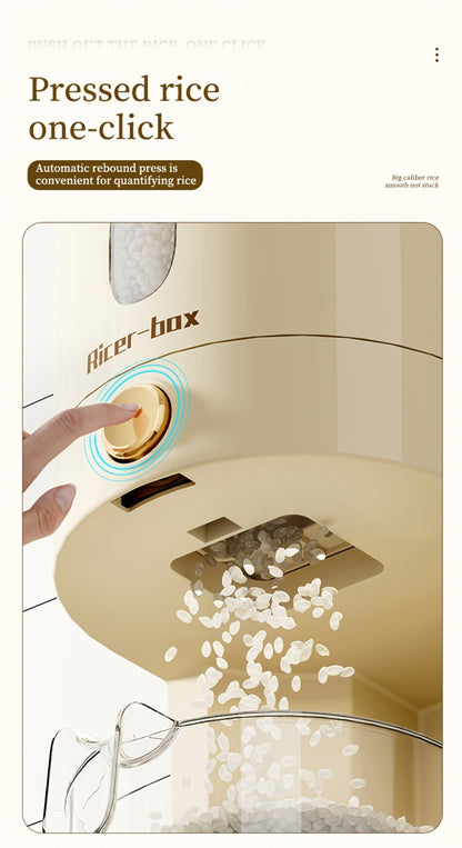 Rice Dispenser Storage Container Press Type Measuring Cup Moisture-Proof Sealed Grain Bin - Large Capacity Airtight Rice Storage Box for Rice Coffee Beans Flour Legumes Pet Food Kitchen Pantry Organizer