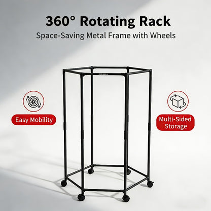 Hexagonal Clothes Drying Rack Freestanding Rotating Metal Garment Rack with Wheels Multiple Rods Space Saving Coat Rack for Bedroom Dorm Balcony Laundry