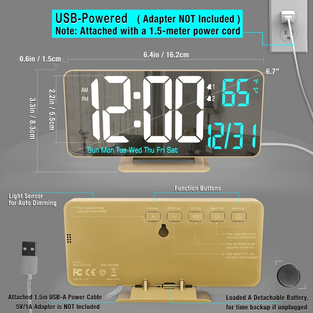 Large Digital Alarm Clock 6.7" with Dual Alarm & Dimmable LED Display – USB Powered Desk Clock with Temperature, Date & Day of Week | Modern Golden Bedside Clock for Bedroom, Living Room & Office