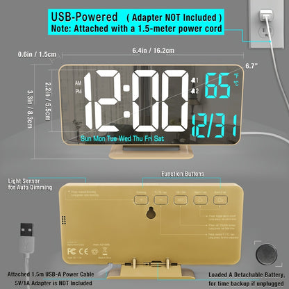 Large Digital Alarm Clock 6.7" with Dual Alarm & Dimmable LED Display – USB Powered Desk Clock with Temperature, Date & Day of Week | Modern Golden Bedside Clock for Bedroom, Living Room & Office