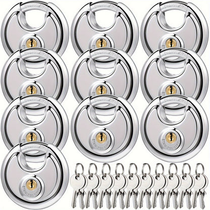 Padlocks with Same Key - 10pcs Stainless Steel Disc Lock Set, Keyed Alike Discus Pad Lock 2-3/4 Inch Wide 3/8 Inch Shackle, Outdoor Weatherproof Lock for Storage Unit, Shed, Garage, Gate & Fence