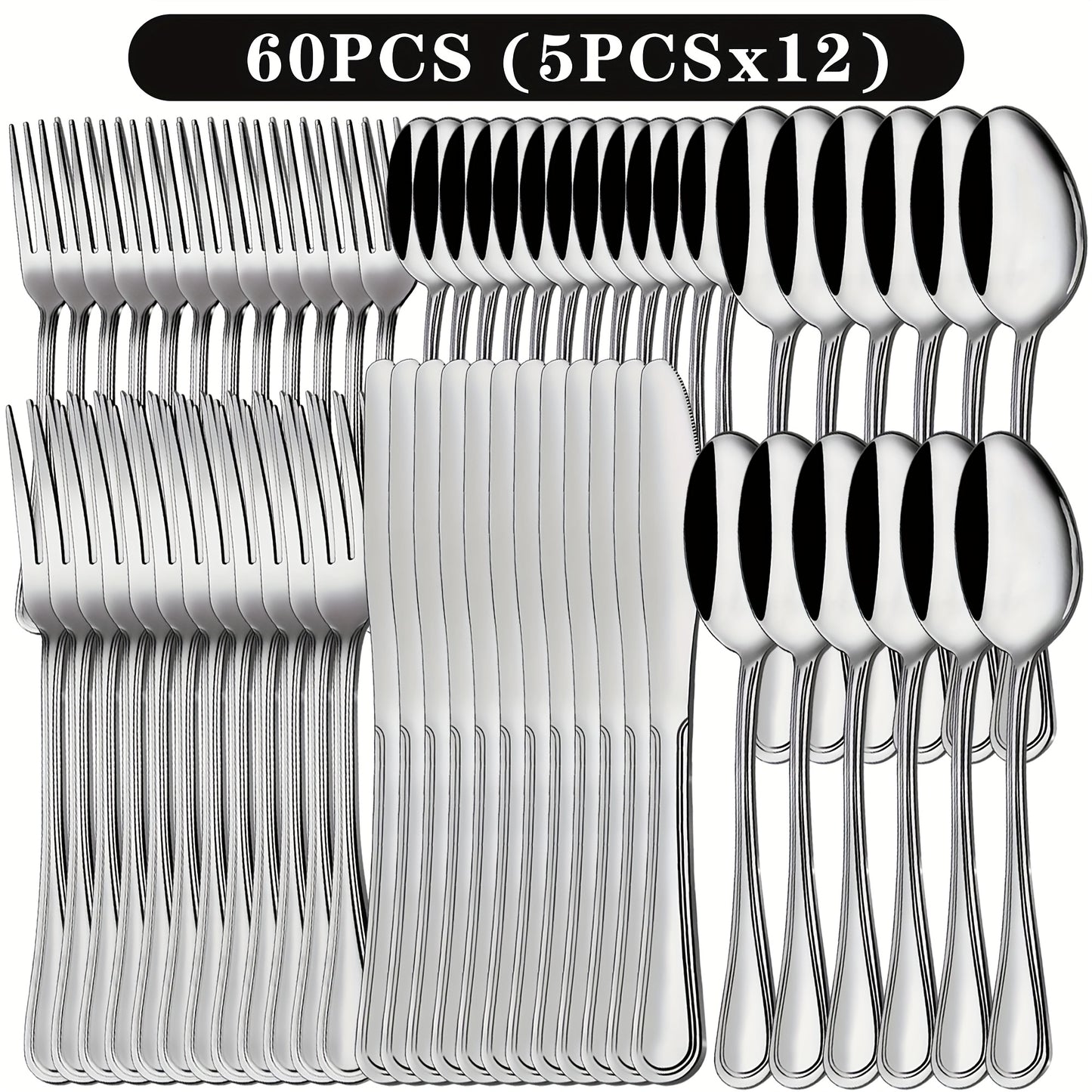 Stainless Steel Flatware Cutlery Set – Mirror Polished, Dishwasher Safe, Silver & Black Options, Service for 4 / 8 / 12 – Kitchen Utensil Set for Home, Restaurant & Wedding Gift